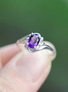 天然纯银镶嵌紫色宝石戒指紫水晶