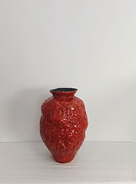 手工锤纹花瓶红罐软装感陶瓷花器新中式禅意水培鲜花花器送礼装饰