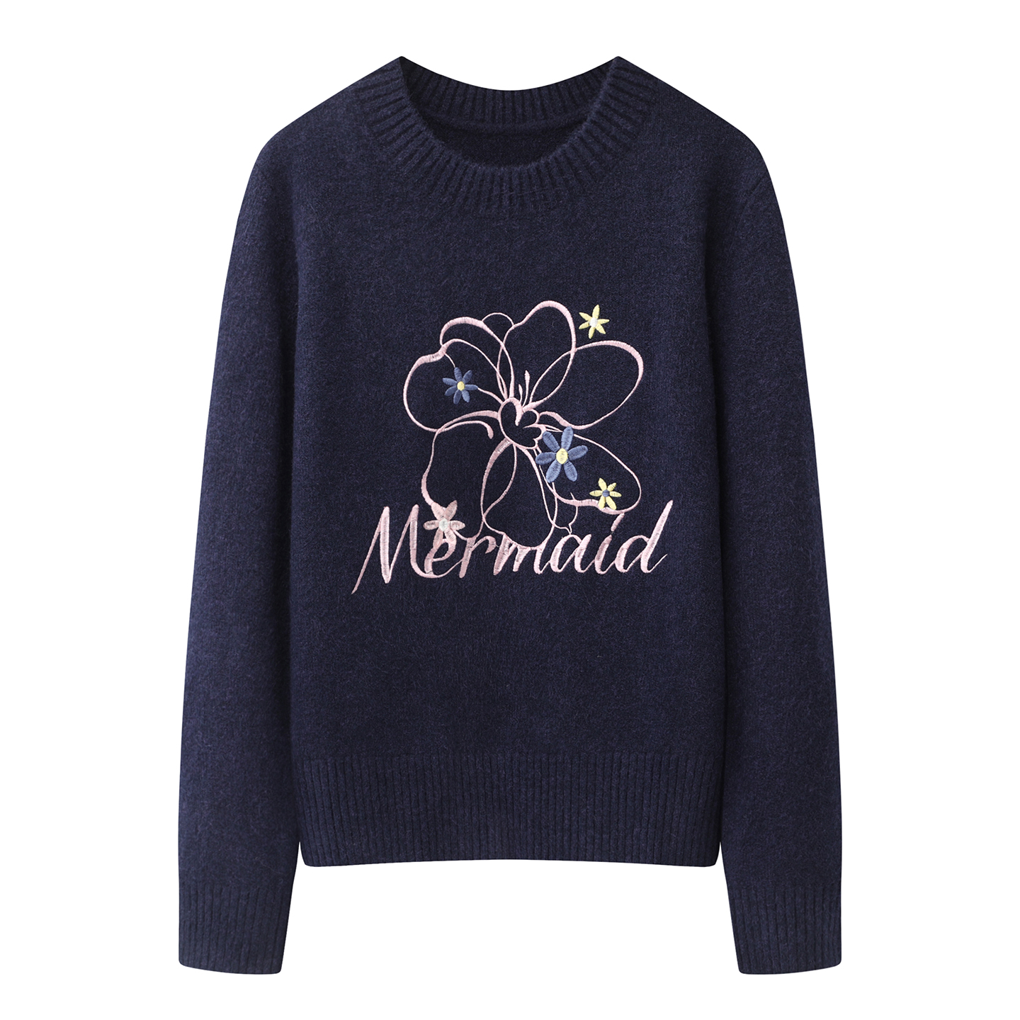 彩系~2025秋冬新款简约百搭通勤慵懒风休闲圆领刺绣字母针织毛衣 - 图1