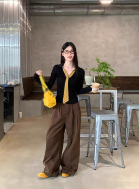 韩系polo领撞色格纹领带长袖t恤女秋季设计感修身内搭打底衫上衣