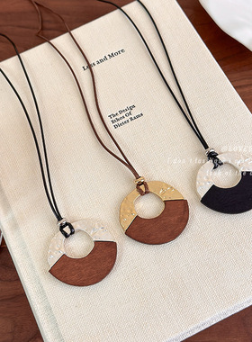 复古拼接木质圆环吊坠项链