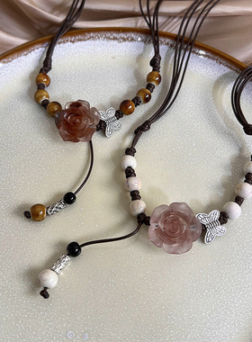 陶瓷玫瑰编织项链女夏季2023年新款时尚复古配饰可抽拉长款锁骨链