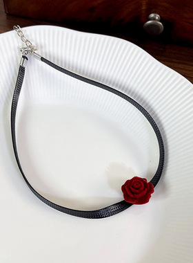 氛围感~酒红玫瑰choker颈链小众设计感高级项链2023新款爆款配饰
