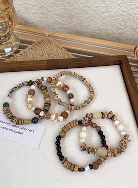 新中式复古串珠手链夏季小众木头琉璃珠贝壳石巴洛克珍珠串珠手链