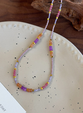 春夏新款紫色韵味色系锁骨链彩色水晶树脂手工串珠项链中国风配饰