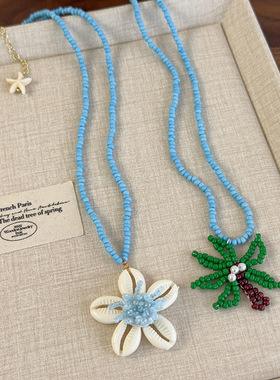 海边度假风蓝色串珠椰树贝壳项链