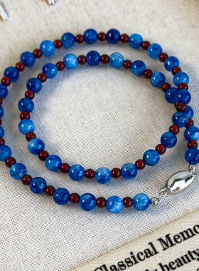 新中式深邃蓝色石头红色项链