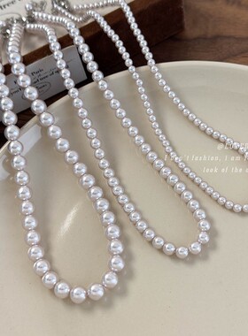 高级感粉白施家玻璃珍珠项链女秋冬经典搭配毛衣链配饰小米珠颈链