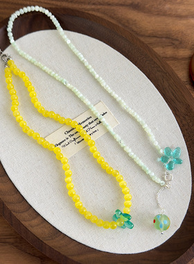 韩版猫眼石串珠绿花朵项链