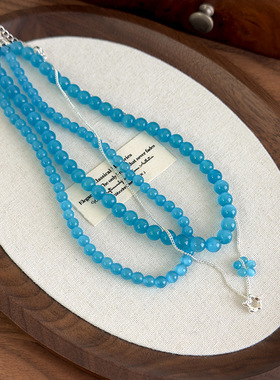 夏日清透感蓝色猫眼石花朵项链