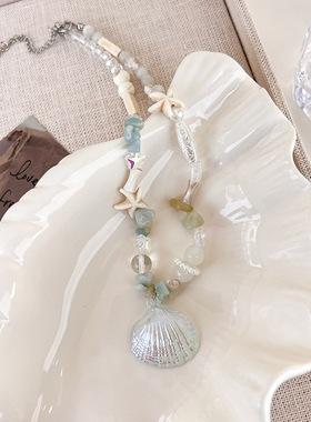 夏日度假风琉璃碎石贝壳海星串珠项链小众设计手工甜美项链配饰