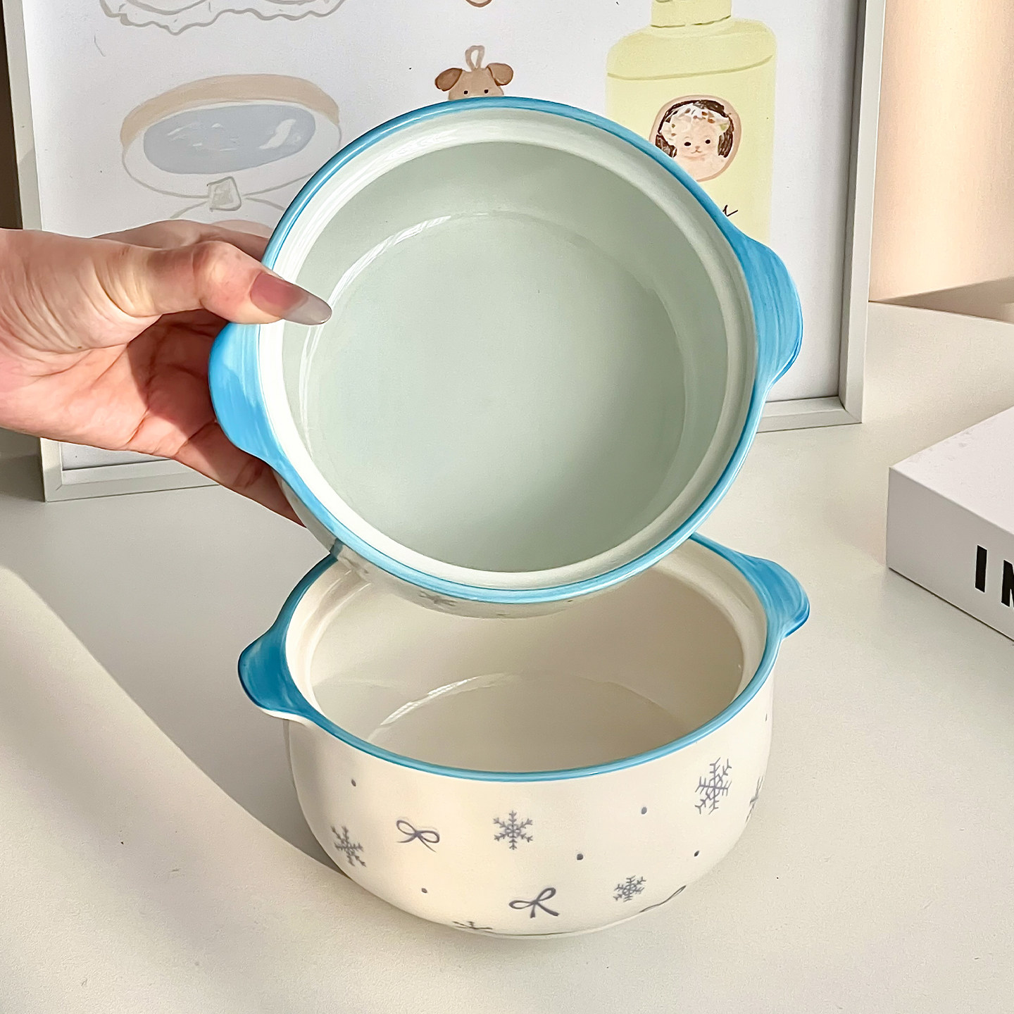 陶瓷泡面碗带盖双耳汤碗学生宿舍家用2026新款方便面碗釉下彩餐具,淘宝优惠券,粉丝福利购,淘宝优惠卷