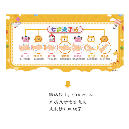 洗手七部曲幼儿园儿童七步洗手法墙贴海报卡通长颈鹿卫生间标语 - 图2