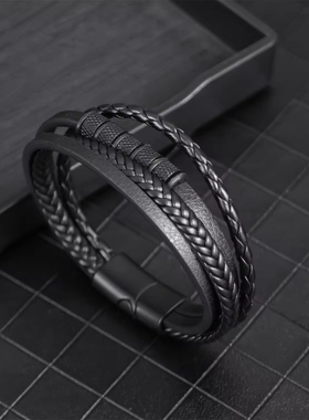 简约标志头层牛皮革手链女手工编织多层百搭个性不锈钢珠子手环男