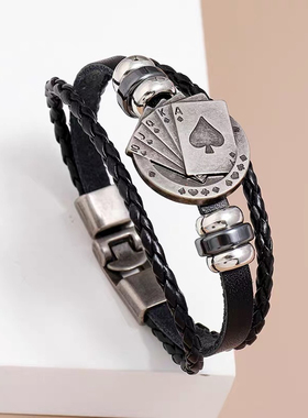 复古个性手工编织皮革手环合金扑克牌串珠对扣真牛皮手链欧美饰品