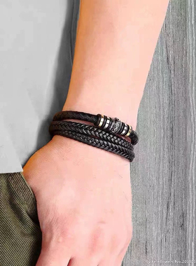 真牛皮革钛钢多层手链男欧美手工编织百搭个性高级感绳饰品手饰女