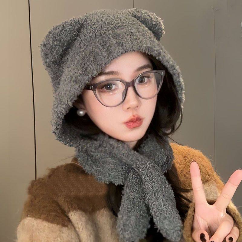 冬季新款帽子围脖毛绒小熊耳朵针织可爱大头毛线帽保暖护耳二合一,淘宝优惠券,粉丝福利购,淘宝优惠卷