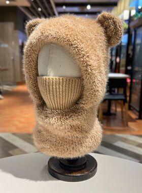 秋冬保暖加厚毛绒男女童一体帽子