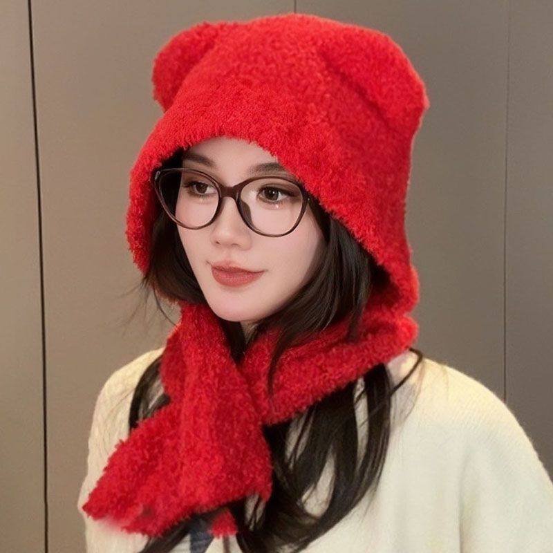 冬季新款帽子围脖毛绒小熊耳朵针织可爱大头毛线帽保暖护耳二合一,淘宝优惠券,粉丝福利购,淘宝优惠卷