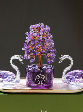 正品天然水晶碎石黄水晶发财树轻奢高档家居酒柜玄关水晶树招财