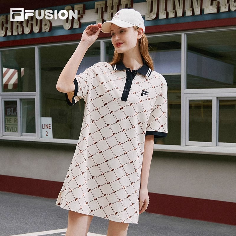 FILA FUSION斐乐潮牌女裙针织连衣裙女夏季老花宽松POLO领裙子