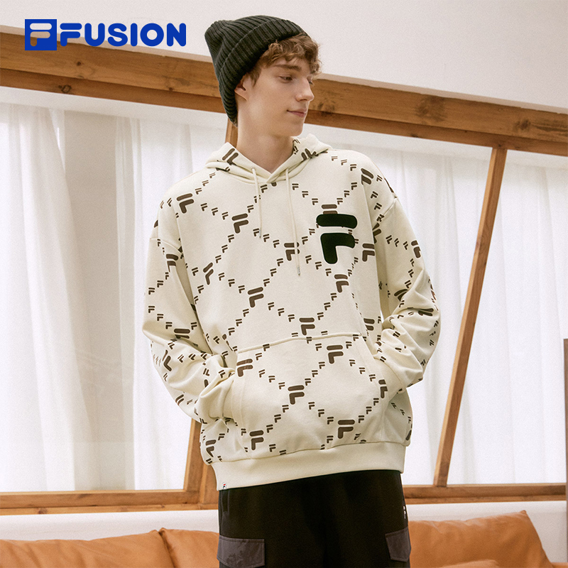 FILA FUSION斐乐潮牌情侣老花卫衣男女时尚套头衫宽松休闲上衣