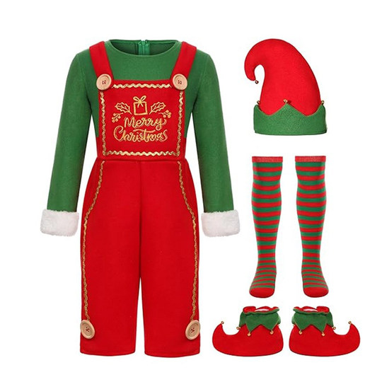 新款成人儿童圣诞精灵扮演服万圣节红绿精灵圣诞亲子装派对表演服