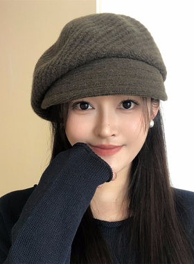 韩系复古羊毛报童帽女秋冬短檐显脸小软糯保暖文艺贝雷帽画家帽子