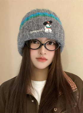 冬季韩版拼色可爱小狗针织毛线帽女保暖秋冬新款显脸小包头帽冷帽