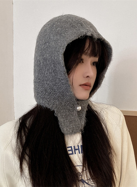 秋冬女红色保暖加厚毛线帽一体式护耳针织巴拉克拉法帽显脸小围脖