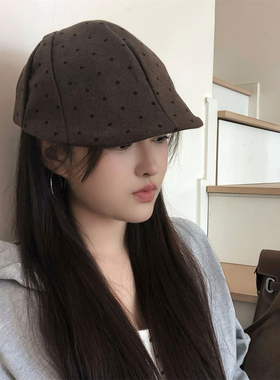 韩系波点短檐前进帽女文艺减龄复古报童帽秋百搭显脸小帽子鸭舌帽