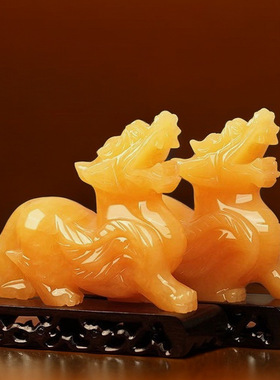 黄玉貔貅招财摆件一对玉石皮丘工艺家居客厅办公室桌面动物装饰品