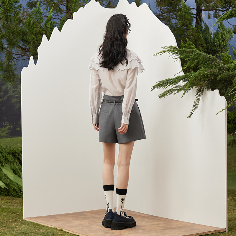 PIT复古休闲灰色短裤高腰显瘦女士百搭休闲裤2025春季新款a字裤 - 图3