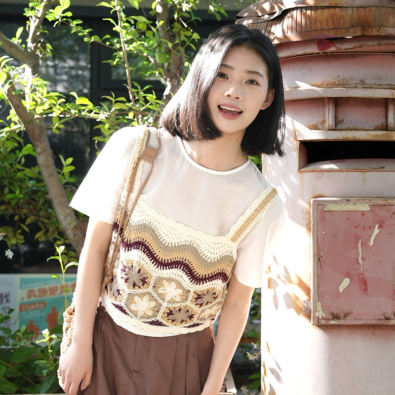 PIT米白圆领针织两件套短袖T恤女2025夏民族风薄款透气内搭上衣