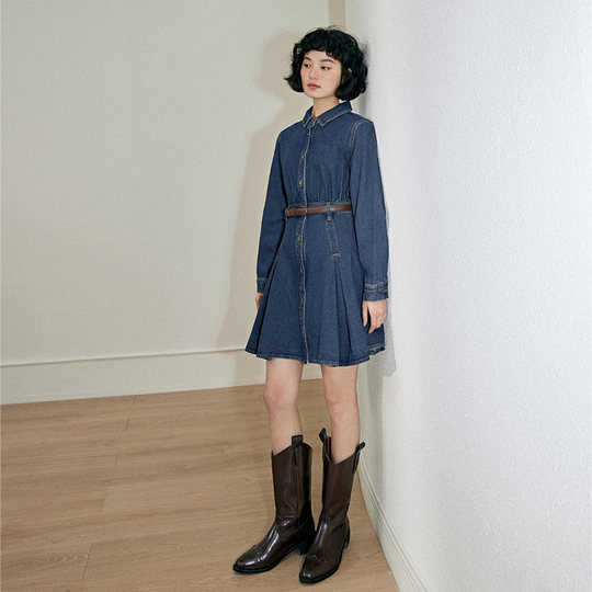 PIT复古设计感法式收腰牛仔连衣裙女秋装新款高腰显瘦裙子