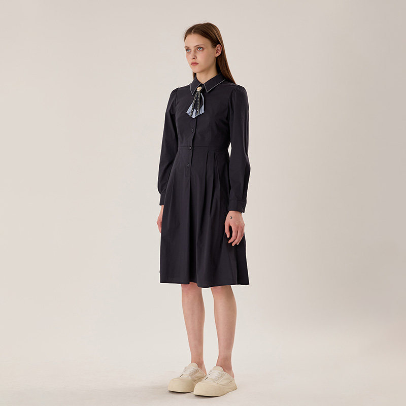 PIT纯色翻领收腰A字领带长袖衬衫裙连衣裙女2025夏显瘦中长裙,淘宝优惠券,粉丝福利购,淘宝优惠卷