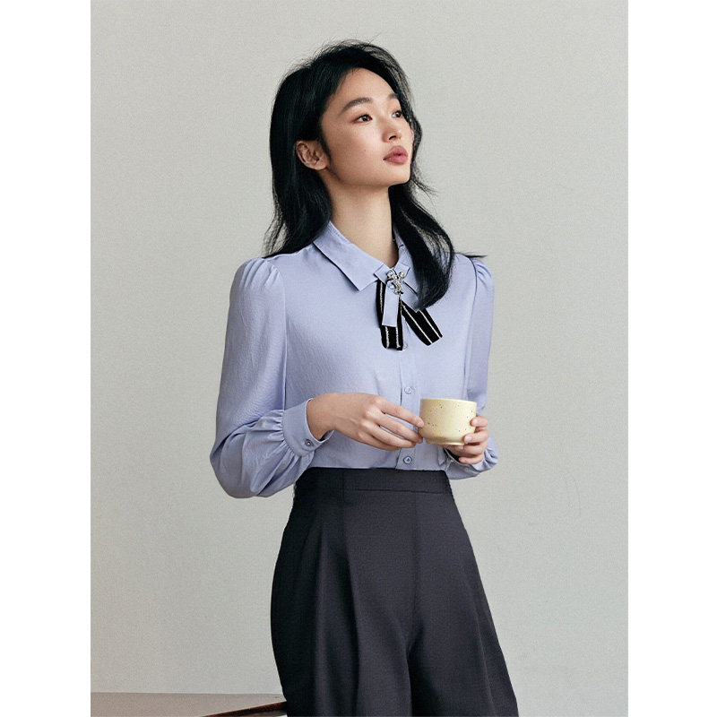 PIT法式复古蓝色领结长袖雪纺衫衬衫女2025夏薄款透气打底衫上衣,淘宝优惠券,粉丝福利购,淘宝优惠卷