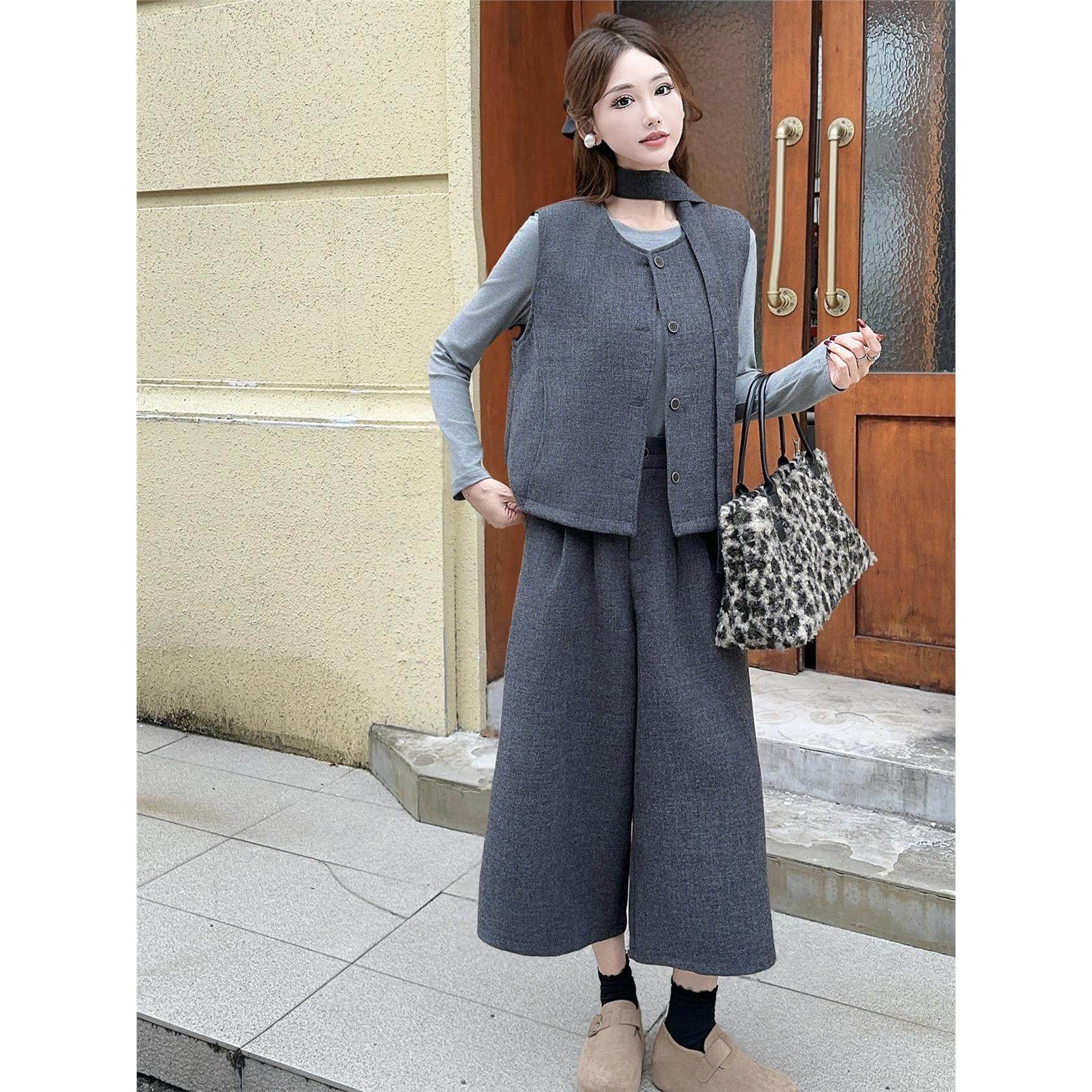 时尚阔腿裤套装女秋冬加厚毛呢马甲背心打底衫八分阔腿裤三件套装,淘宝优惠券,粉丝福利购,淘宝优惠卷