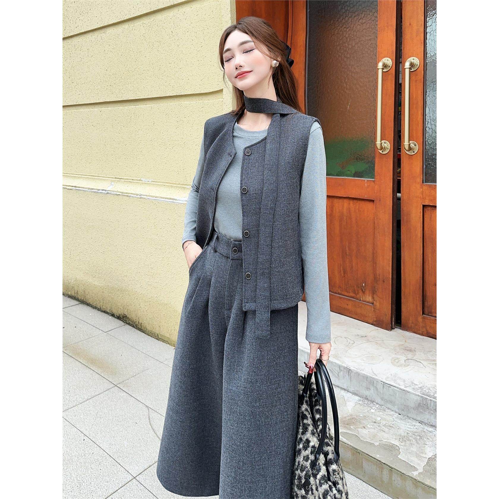 时尚阔腿裤套装女秋冬加厚毛呢马甲背心打底衫八分阔腿裤三件套装,淘宝优惠券,粉丝福利购,淘宝优惠卷