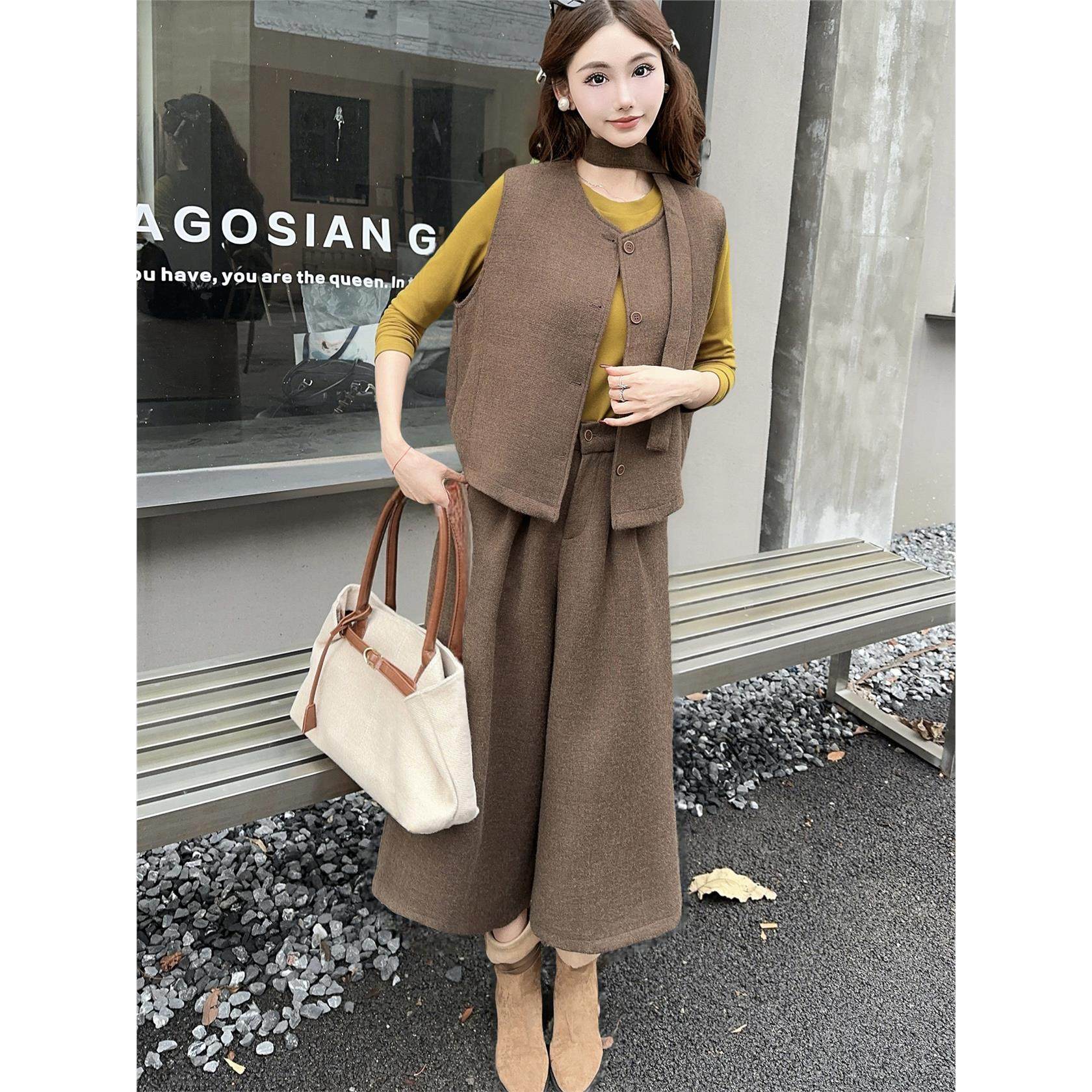 时尚阔腿裤套装女秋冬加厚毛呢马甲背心打底衫八分阔腿裤三件套装,淘宝优惠券,粉丝福利购,淘宝优惠卷