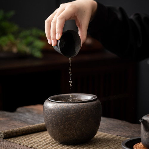 铁锈釉茶渣缸家用陶瓷建水带盖过滤茶洗水盂复古茶桶茶具茶道配件 - 图2