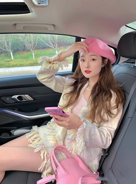 超嗲显白粉色羊毛贝雷帽女秋冬英伦复古显脸小