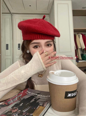 梦圆红色针织毛线贝雷帽手套2件套女秋冬显脸小蓝色帽子