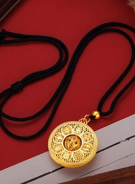 金店同款沙金镂空八宝罗盘转动花丝吊坠 新中式黑色编绳罗盘项链