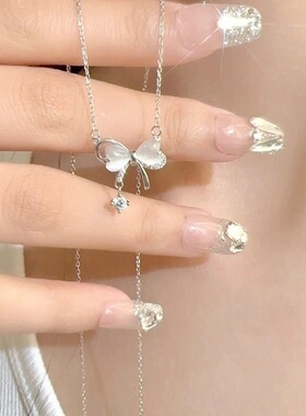 S999纯银猫眼石蝴蝶结项链女
