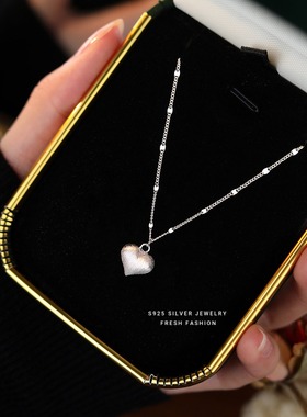 s925纯银拉丝爱心项链吊坠女轻奢