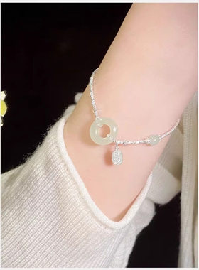 和田玉平安扣999纯银手链女