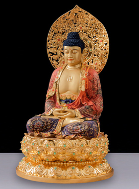 台湾彩绘金彩释迦牟尼佛像三宝佛精品铜雕如来佛祖佛堂供奉摆件