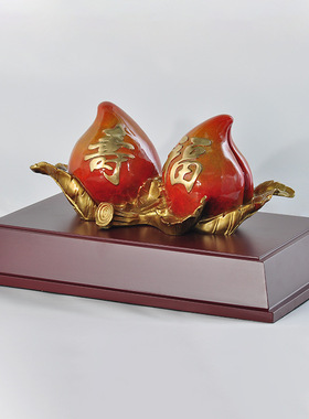 双桃礼品摆件木底座拜寿