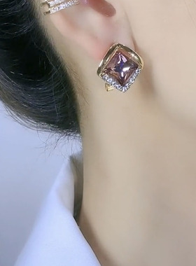 菱形紫色水晶耳钉纯银针精致耳环